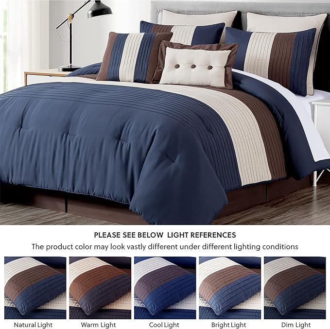 Chezmoi Collection Loft 8-Piece King Comforter Set, Midnight Blue/Brown/Coffee Cream Luxury Striped Bedding for All Season