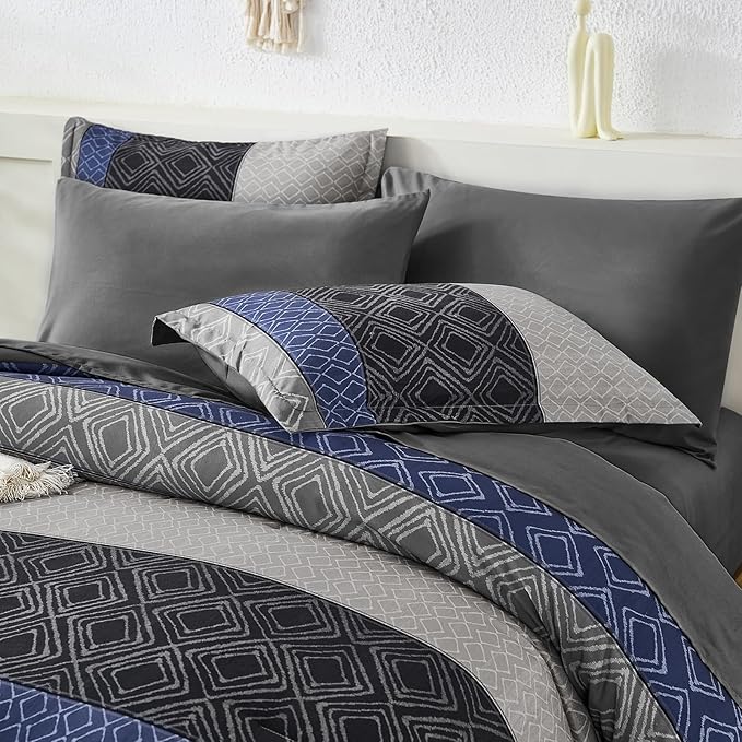Dinjoy Boho Queen Comforter Set Blue Gray,7 Piece Bed in a Bag Queen Size Warm Striped Fall Bedding Sets with Plaid Comforters with Sheets for Family All Season