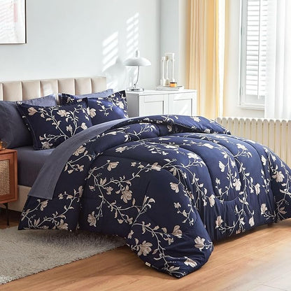 AIKASY Bed in a Bag King Comforter Set，7 Pieces Floral Comforter Set Bedding Sets with (1 Comforter, 2 Pillow Shams, 1 Flat Sheet, 1 Fitted Sheet, 2 Pillowcases) (Navy, King)