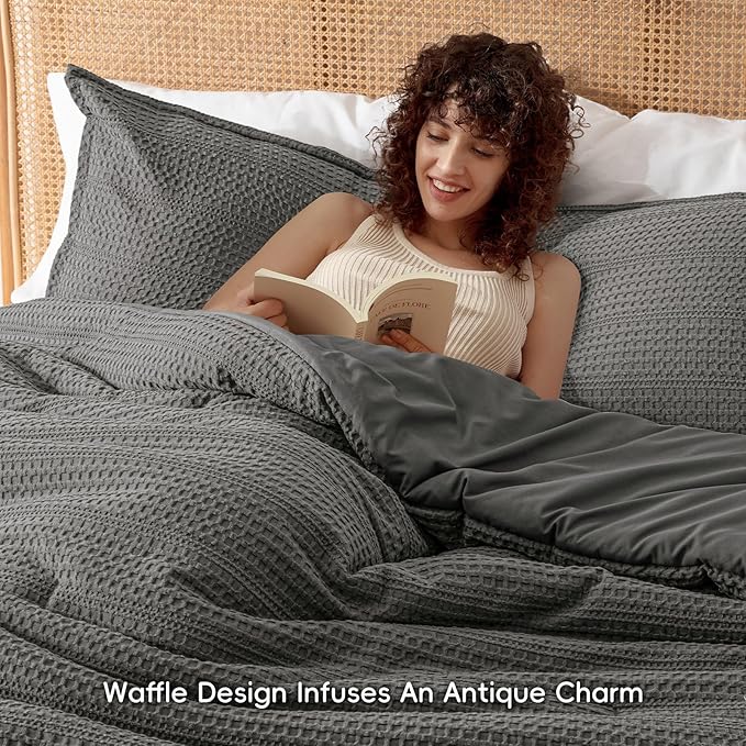 PHF Soft Waffle Comforter Set Queen Size- Comfy Breathable Waffle Weave Comforter with 2 Pillow Shams, 3 Pieces Less Snagging Lightweight Textured Bedding Set for All Season, Grey