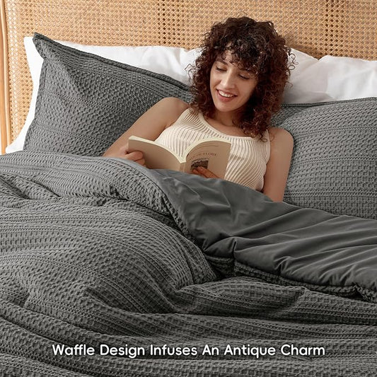 PHF Soft Waffle Comforter Set Queen Size- Comfy Breathable Waffle Weave Comforter with 2 Pillow Shams, 3 Pieces Less Snagging Lightweight Textured Bedding Set for All Season, Grey