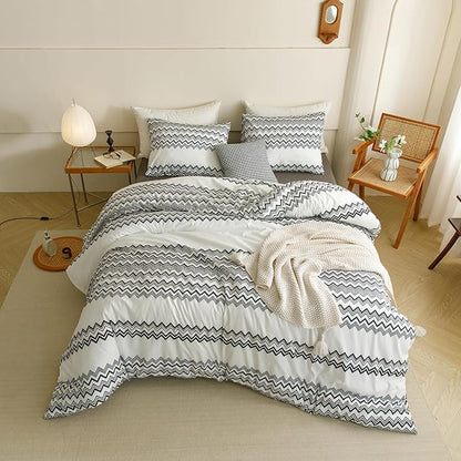 KAREVER Boho Comforter Twin Aztec Bedding Set Southwest Theme 3 PCs Bohemian Comforter Set Black Waved Strips Twin Size Comforter (68x90 Inches) with 2 Pillowcases (26x26 inches)