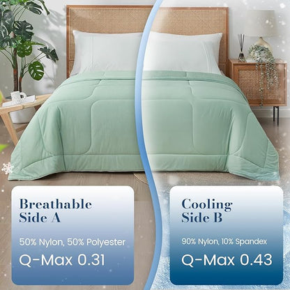Amélie Home Cooling Comforter Queen Size, Dual-Sided Lightweight Cooling Blanket for Hot Sleepers, Q-Max 0.43 Breathable Cooling Quilt for Night Sweats, 90" x 90", Heather Mint Green