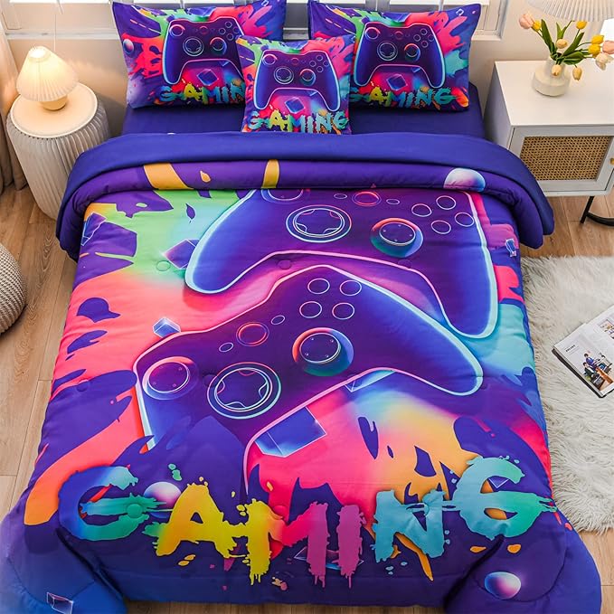 Aimuan Gamer Gaming Bedding Sets 3D Gamepad Comforter Sets for Boys Games Console Action Buttons Novelty Colorful Game Controller Modern Room Decor Home Quilt Set (Purple, Full 6PCS)