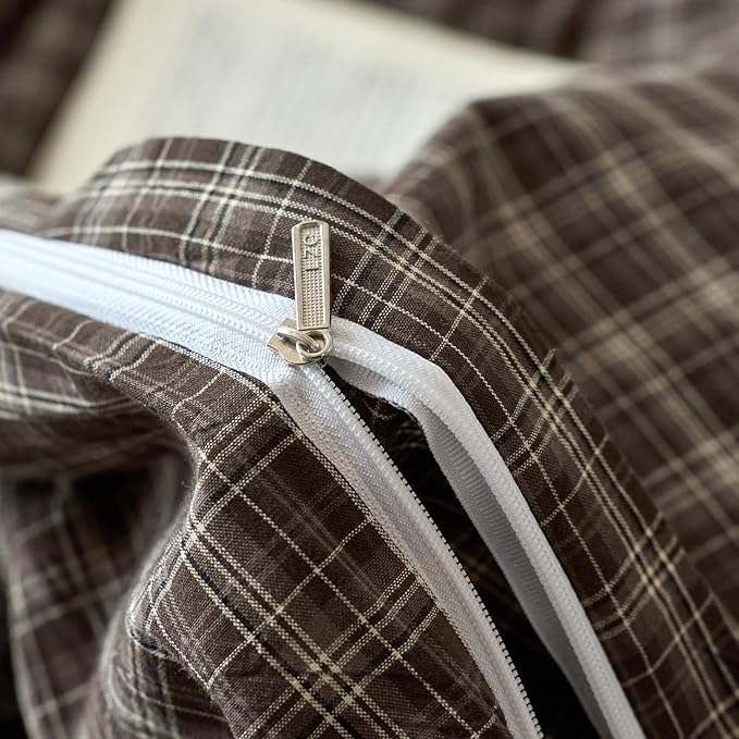 Plaid Twin XL Duvet Covers Brown Washed Cotton Twin XL Comforter Cover Soft Boho Pattern Taupe Duvet Cover Set with 2 Pillow Cases Checkered Zipper Bedding Set Farmhouse Duvet Protector