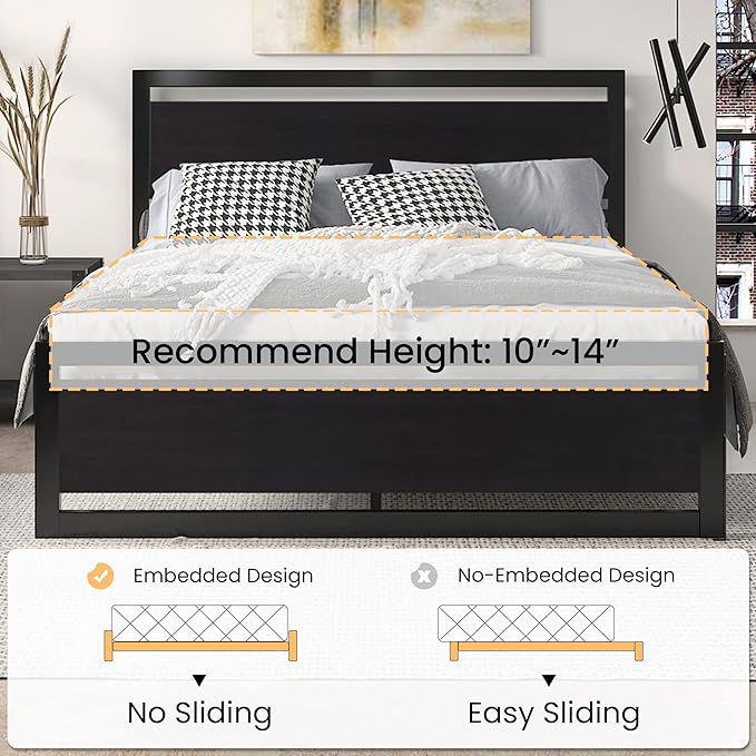 SHA CERLIN Heavy Duty Full Size Bed Frame with Modern Headboard, Black | Platform Metal Base with Square Footboard and 13 Strong Slats Support, No Box Spring Needed