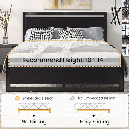 SHA CERLIN Heavy Duty Full Size Bed Frame with Modern Headboard, Black | Platform Metal Base with Square Footboard and 13 Strong Slats Support, No Box Spring Needed