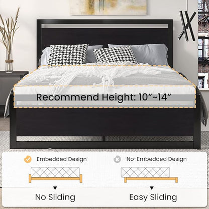 SHA CERLIN Heavy Duty Queen Size Bed Frame with Modern Headboard, Black | Platform Metal Base with Square Footboard and 13 Strong Slats Support, No Box Spring Needed