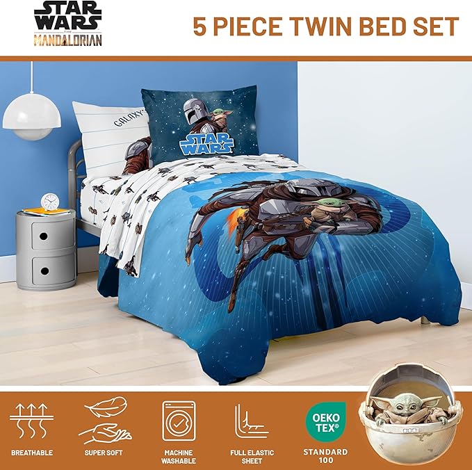 Jay Franco Kids Comforter Set Includes Sheets and Pillow Covers - Soft and Cozy Bed Set for Stylish Room Decor, Official Licensed Bedding, Blue - The Mandalorian, 5 Piece Twin