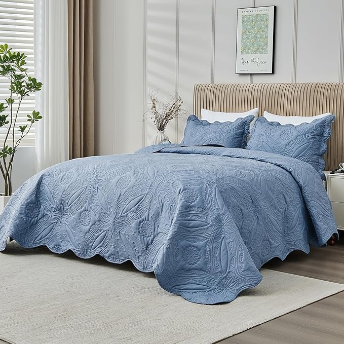 Oversized Cal King Bedspreads 120x120 for Extra Tall Split California King Bed Lightweight Quilted Coverlet Set 3 Pieces 1 Quilt 2 Pillow Shams Faded Denim