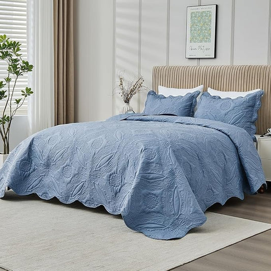 Oversized Cal King Bedspreads 120x120 for Extra Tall Split California King Bed Lightweight Quilted Coverlet Set 3 Pieces 1 Quilt 2 Pillow Shams Faded Denim