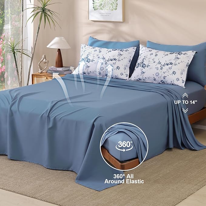 Luxudecor Floral King Comforter Set 7 Pieces Bed in a Bag, Blue Rose Romantic Flower Bed Set, Soft Reversible Comforter with Sheet Set 104"x90"