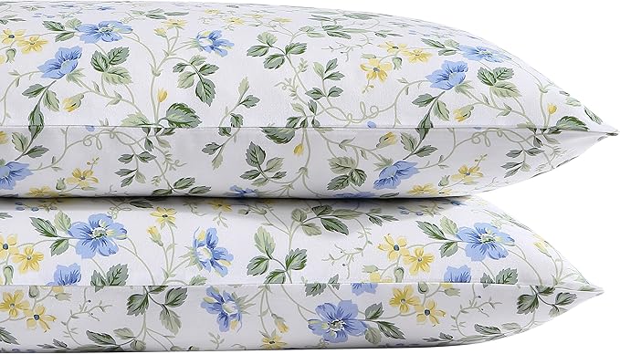 Laura Ashley Home - Standard Pillowcase Set, Cotton Sateen Bedding, Smooth & Wrinkle-Resistant (Meadow Floral Blue/Yellow, 2 Piece)