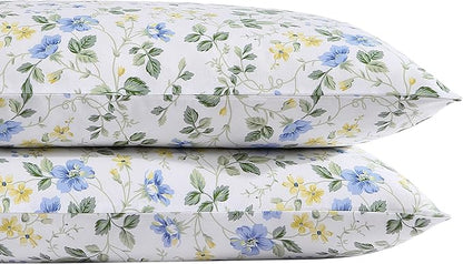Laura Ashley Home - Standard Pillowcase Set, Cotton Sateen Bedding, Smooth & Wrinkle-Resistant (Meadow Floral Blue/Yellow, 2 Piece)