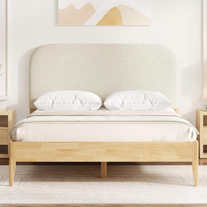KISLOT Wood Bed Frame with USB & Type-C, Boucle Headboard, Oat, Queen | Platform Bed, Mattress Foundation, No Box Spring Needed, Easy Assembly
