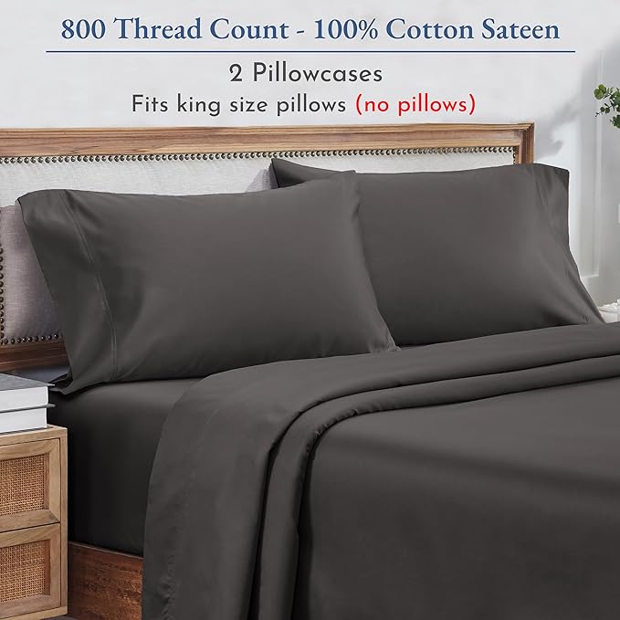 Heirloom Soft, Smooth & Thick Certified 800 Thread Count 100% Cotton Sateen, 2 Pillow Cases King Size, Fits King Pillows (Grey)