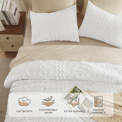 Andency White Tufted Comforter Set California King(104x96Inch), 3 Pieces(1 Boho Comforter, 2 Pillowcases) Textured Farmhouse, Soft Microfiber Down Alternative Geometric Bedding Set