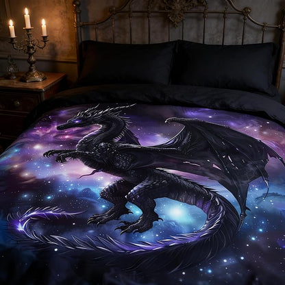 Fantasy Dragon Bedding Set Purple Blue Nebula Comforter Set King Size Mysterious Outer Space Bedding Set for Kids Boys Girls Teens Room Decor Safari Wildlife Animals Quilt Set