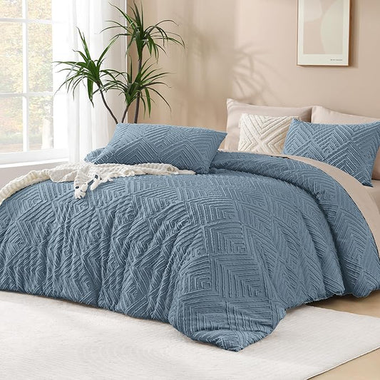 Andency Greyish Blue Comforter Oversized King Size Set 120''x98'', 3 Pieces Soft Boho Bedding Set & Collections, Tufted Fluffy Shabby Chic Bed Set for All Seasons (1 Comforter, 2 Pillowcases)