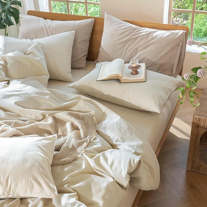 MooMee Bedding Pillowcases Pack of 2 100% Washed Cotton Linen Like Textured Breathable Durable Soft Comfy (Heathered Almond Milk Grey, Queen)