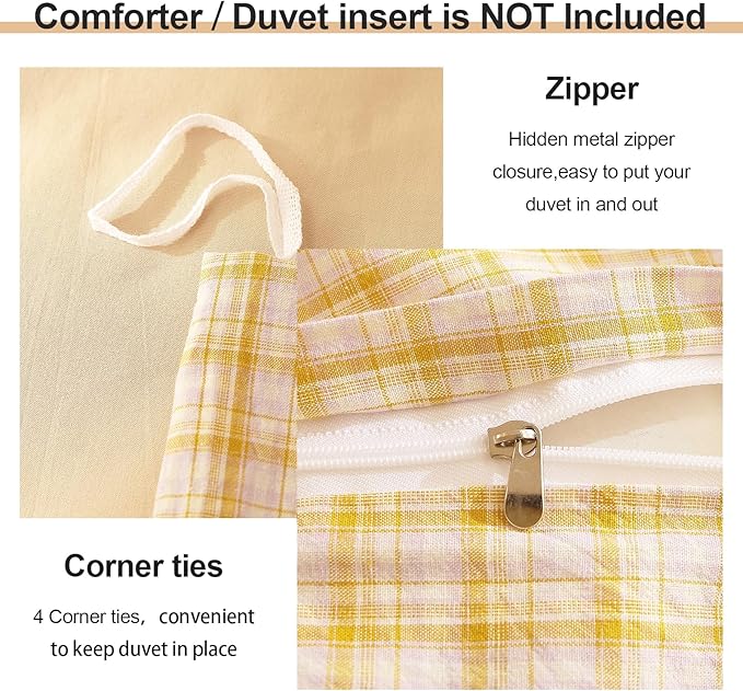 EAVD Yellow Gingham Duvet Cover Twin Size Washed Cotton Bedding Set 3 Pieces Grid Plaid Duvet Cover Set Modern Grid Checkered Bedding Set with 2 Pillowcases Farmhouse Gingham Comforter Cover