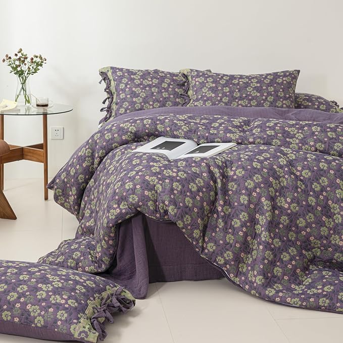 VM VOUGEMARKET Violet Duvet Cover King Double Gauze Cotton Farmhouse Jacquard Green Floral Duvet Cover with 2 Bowknot Pillowcases Rustic Style, Breathable for a Cozy Home Atmosphere