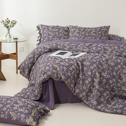 VM VOUGEMARKET Violet Duvet Cover King Double Gauze Cotton Farmhouse Jacquard Green Floral Duvet Cover with 2 Bowknot Pillowcases Rustic Style, Breathable for a Cozy Home Atmosphere