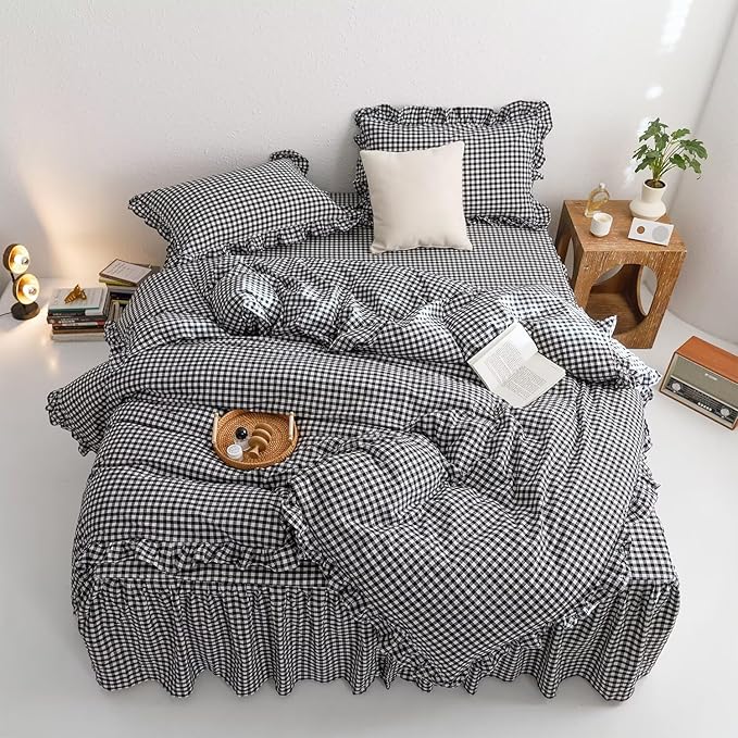 mixinni Black White Gingham Ruffle Duvet Cover Queen Size 3 Pieces – 100% Washed Cotton, Vintage Plaid Ruffled Bedding Set with Zipper Ties, Soft Checkered Grid Farmhouse Chic Comforter Cover Set