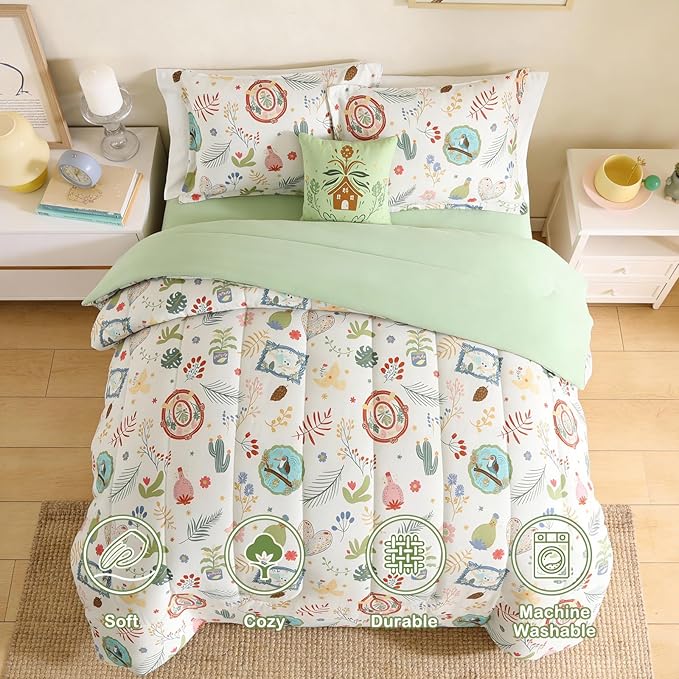 Twin Comforter Set for Girls-3 Pieces Forest Friends Twin Bedding Set with 1 Comforter, 1 Decor Pillow, 1 Pillow Sham