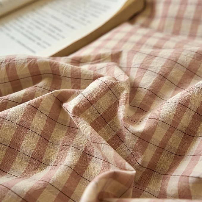EAVD Vintage Style Pink&Tan Plaid Duvet Cover Full Soft 100% Washed Cotton Chic Checkered Gingham Bedding Set with 2 Pillowcases Farmhouse Gingham Duvet Cover with Zipper Closure