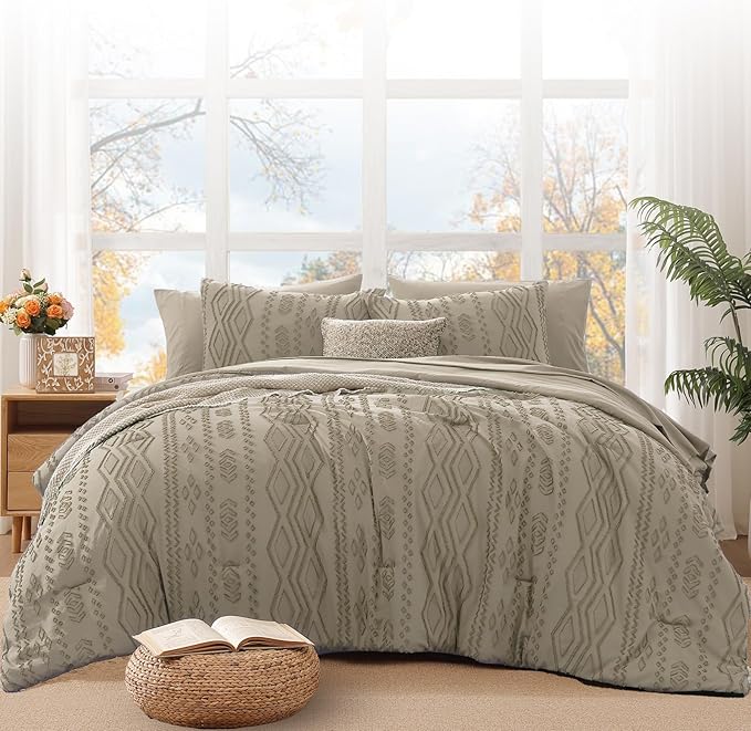 WRENSONGE Full Size Comforter Set with Sheets - 7 Pieces Khaki Tufted Bed in a Bag Full Shabby Chic Bedding Sets with 1 Comforter, 2 Sheets, 2 Pillowcases & 2 Shams