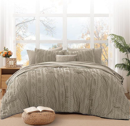 WRENSONGE Full Size Comforter Set with Sheets - 7 Pieces Khaki Tufted Bed in a Bag Full Shabby Chic Bedding Sets with 1 Comforter, 2 Sheets, 2 Pillowcases & 2 Shams