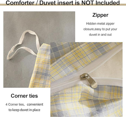 EAVD Modern Gingham Duvet Cover Queen Soft Washed Cotton Yellow Blue Grid Plaid Bedding Set with 2 Pillowcases Farmhouse Reversible Plaid Checkered Duvet Cover with Zipper Closure