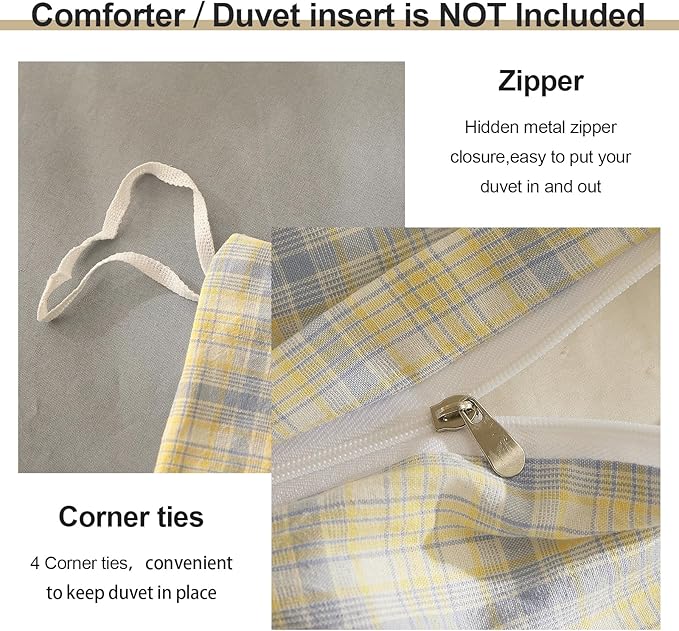 EAVD Modern Gingham Duvet Cover Full Soft Washed Cotton Yellow Blue Grid Plaid Bedding Set with 2 Pillowcases Farmhouse Reversible Plaid Checkered Duvet Cover with Zipper Closure
