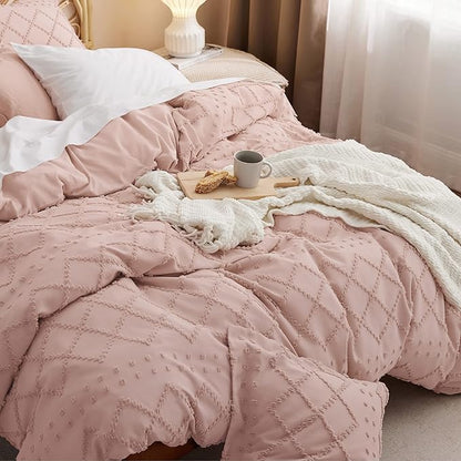 Bedsure Boho Duvet Cover Queen Size - Pink Breathable & Soft Boho Bedding, Machine Washable Comforter Cover for All Seasons, Includes 1 Duvet Cover 90"x90" with 2 Pillow Shams & Zipper Closure