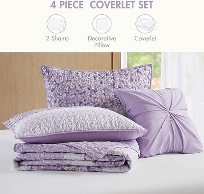 Madison Park Quilt Set, Seersucker Floral Coverlet for Queen Size Bed, All Season Lightweight Bedding, Farmhouse Quilt Set, Vermicelli Quilting, Throw Pillow, Caralie, King/Cal King Purple 4 Piece