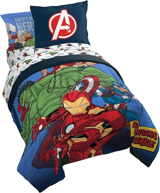 Jay Franco Kids Comforter Set Includes Sheets and Pillow Covers - Soft and Cozy Bed Set for Stylish Room Decor, Official Licensed Bedding, Blue - Avengers, 7 Piece Full