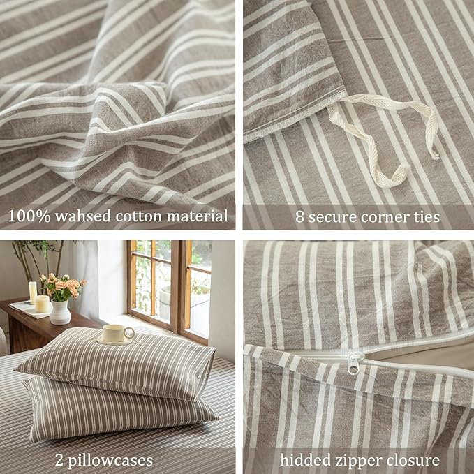 Luxury 100% Washed Cotton Linen Like Duvet Cover Set,3 Pcs Striped Trendy Bedding with Zipper Closure(Linen Grey,Twin)