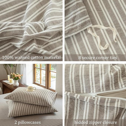 Luxury 100% Washed Cotton Linen Like Duvet Cover Set,3 Pcs Striped Trendy Bedding with Zipper Closure(Linen Grey,Twin)