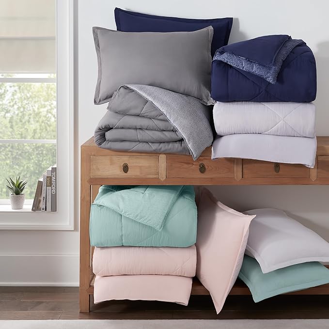 Serta Supersoft Cooling 2 Piece Reversible Comforter Set with Pillow Covers for All Season, Twin/Twin XL, Peacoat