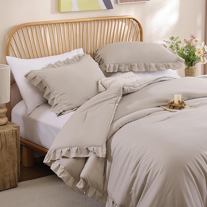 JANZAA King Size Ruffled Comforter Set Soft Vintage Farmhouse Bed Set Shabby Fluffy 3PCS Bedding (1 Oatmeal Comforter Set and 2 Pillowcases)