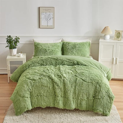 Wajade Faux Fur Plush White Comforter Set Fluffy Fuzzy Shaggy Bedding Set - 3PC Full/Queen Microfiber Soft Warm Quilt Set (Sage Green, Queen)