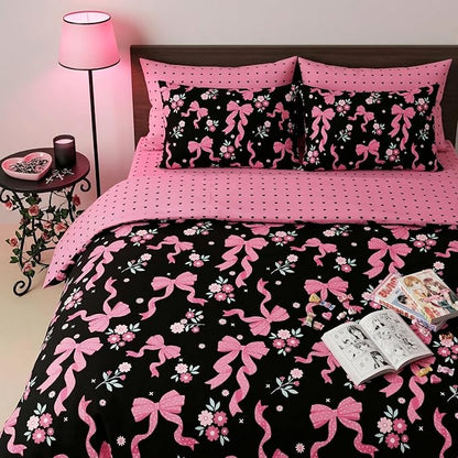 Black Pink Bow Comforter Set King Size, 3 Pcs Pink Ribbon Bowknot Reversible Comforter Love Heart Soft Microfiber Bedding Set with 2 Pillowcases, 104"x90"