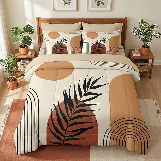 Comforter Set King Size, Boho Mid Century 7 Pcs Bedding for Kids and Adults, Sun Orange Leaves Bed Sheet Sets with Fitted Sheet 2 Pillowcase & 2 Sham for Bedroom Bed Decor