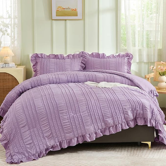 WONGS BEDDING Purple Comforter Set Queen,3 Pieces Ruffle Farmhouse Shabby Chic Comforter for Queen Bed,Soft Seersucker Textured Boho Bedding Set with 1 Ruffle Comforter,2 Tufted Pillowcases 90"×90"