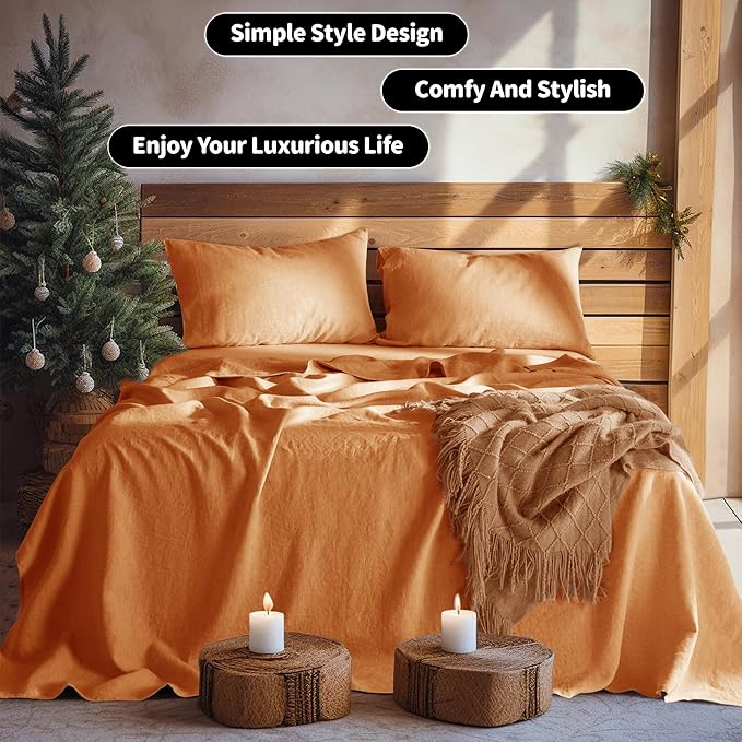LBRO2M 100% Pure Linen Sheet Set Deep Pocket Up to 16" Bed Sheets Sets, Natural Flax Beddings Soft, Breathable, Comfortable for All Seasons 4 Pcs Sheet Set King Size, Orange