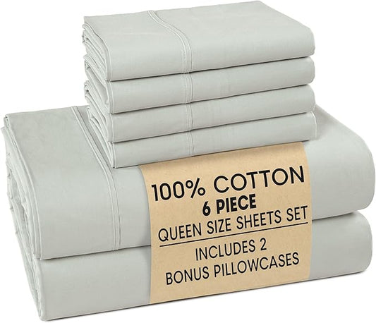 Casa Platino Queen Percale Sheet Set– 6 Piece 100% Cotton Sheet Set Queen, with 15” Deep Pocket Fitted Sheet, Crisp Weave for Cool Cozy Sleep, Soft & Breathable, Everyday Essential Sheets – Silver