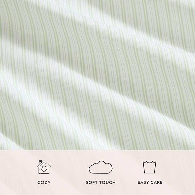 Laura Ashley - King Sheet Set, Crisp & Cool Cotton Percale Bed Sheets, Deep Pockets, Striped Bedding with Matching Fitted Sheet & Pillowcases (Bedford Skinny Stripe Green)