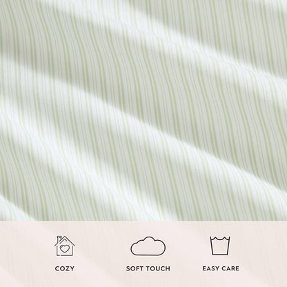 Laura Ashley - Twin Sheet Set, Crisp & Cool Cotton Percale Bed Sheets, Deep Pockets, Striped Bedding with Matching Fitted Sheet & Pillowcase (Bedford Skinny Stripe Green)