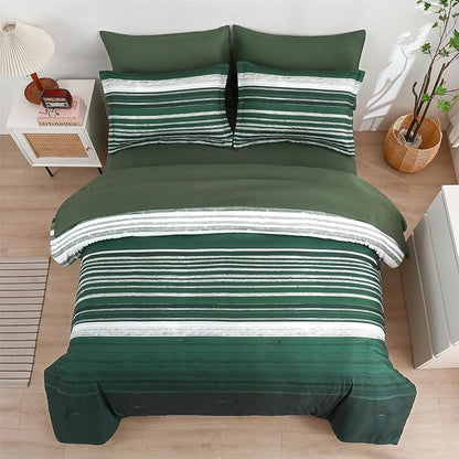 KAKIJUMN 7 Piece Bed in a Bag Stripe Comforter Set King Size, White Grey Green Patchwork Striped Comforter and Sheet Set, All Season Soft Microfiber Complete Bedding Sets(Dark Green,King)